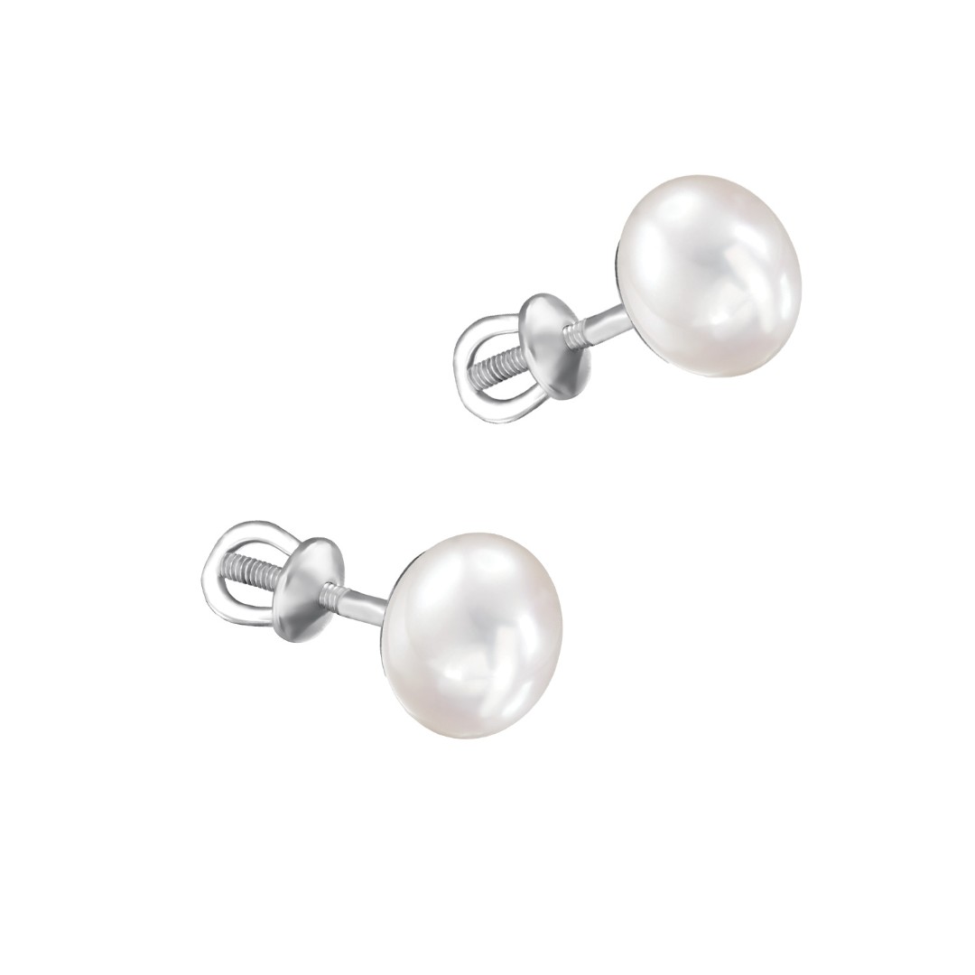 Серебряные серьги / Пусеты / Гвоздики с перламутровым культивир. жемчугом, родий Серьги Пусеты,Серебро,с вставкой Жемчуг культивированный Белая цвета,с замком Винтовой,РОССИЯ
