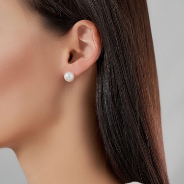 Серебряные серьги / Пусеты / Гвоздики с перламутровым культивир. жемчугом, родий