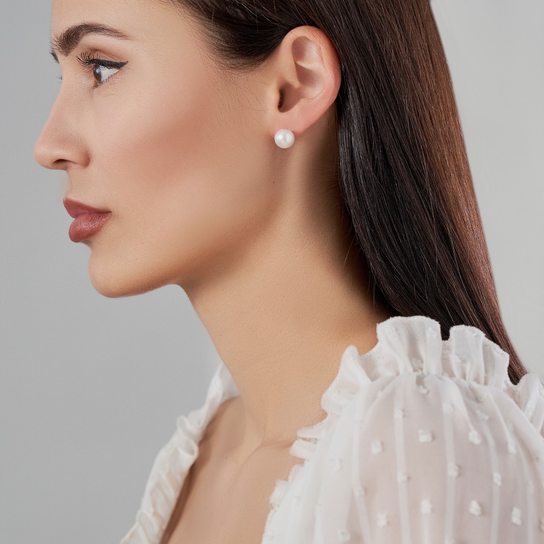 Серьги Пусеты,Серебро,с вставкой Жемчуг культивированный Белая цвета,с замком Винтовой,РОССИЯ