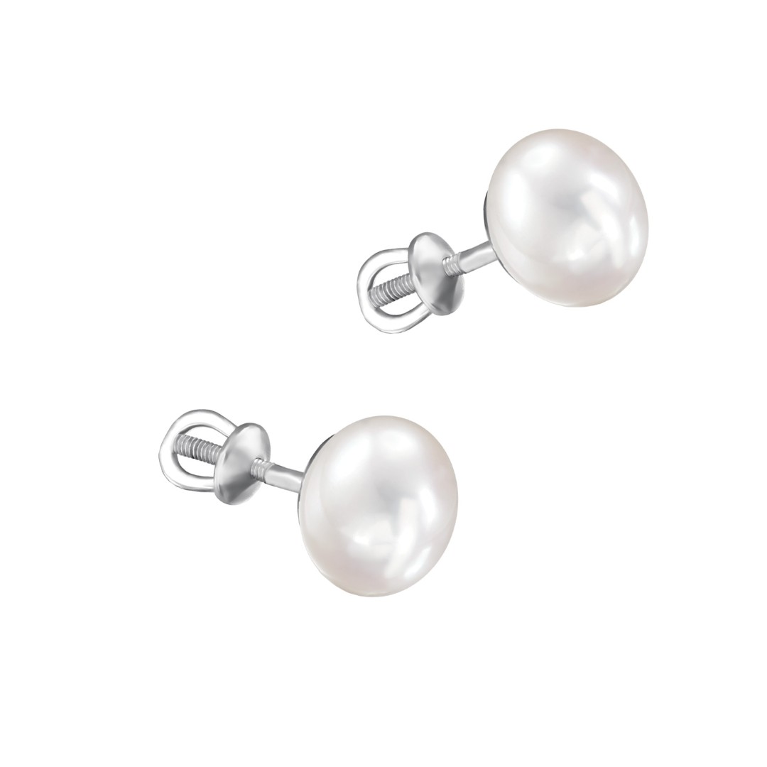 Серьги Пусеты,Серебро,с вставкой Жемчуг культивированный Белая цвета,с замком Винтовой,РОССИЯ