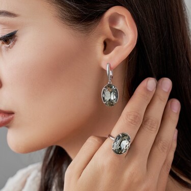 Серебряное кольцо с крупным кристаллом Premium, Дымчатый, родий