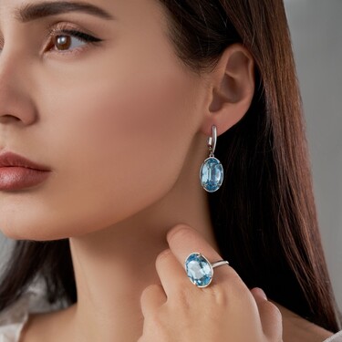 Серебряное кольцо с крупным кристаллом Premium, Голубой, родий