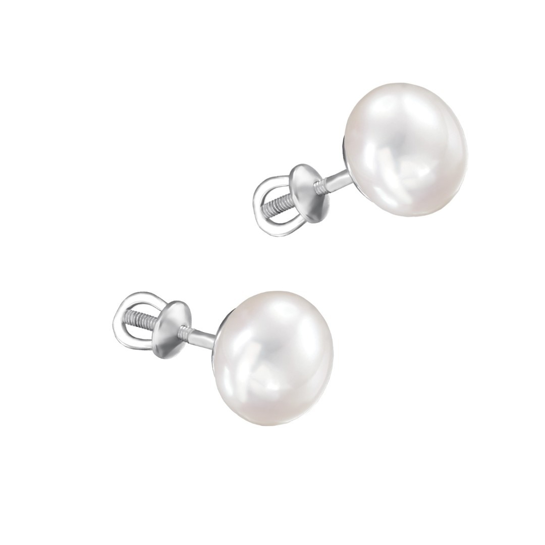 Серебряные серьги / Пусеты / Гвоздики с жемчугом, родий Серьги Пусеты,Серебро,с вставкой Жемчуг культивированный Белая цвета,с замком Винтовой,РОССИЯ