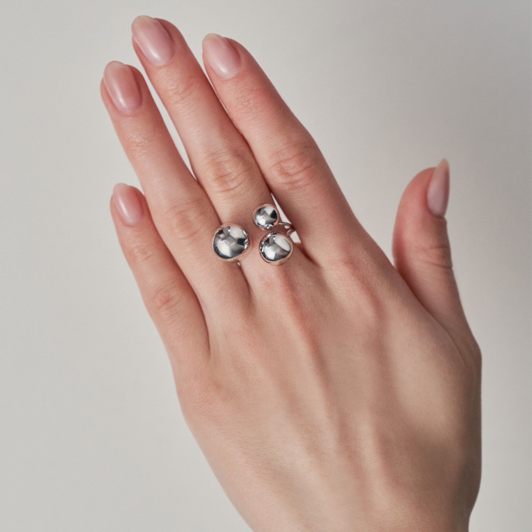 Серебряное женское кольцо с Шариками,Не замкнутое, родий Кольцо,Серебро,с вставкой Без вставок,РОССИЯ