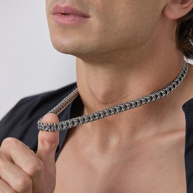 Серебряная мужская цепь, плетение Рамзес, замок коробочка, чернение, ширина 9 мм