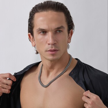 Серебряная мужская цепь, плетение Рамзес, замок коробочка, чернение, ширина 9 мм