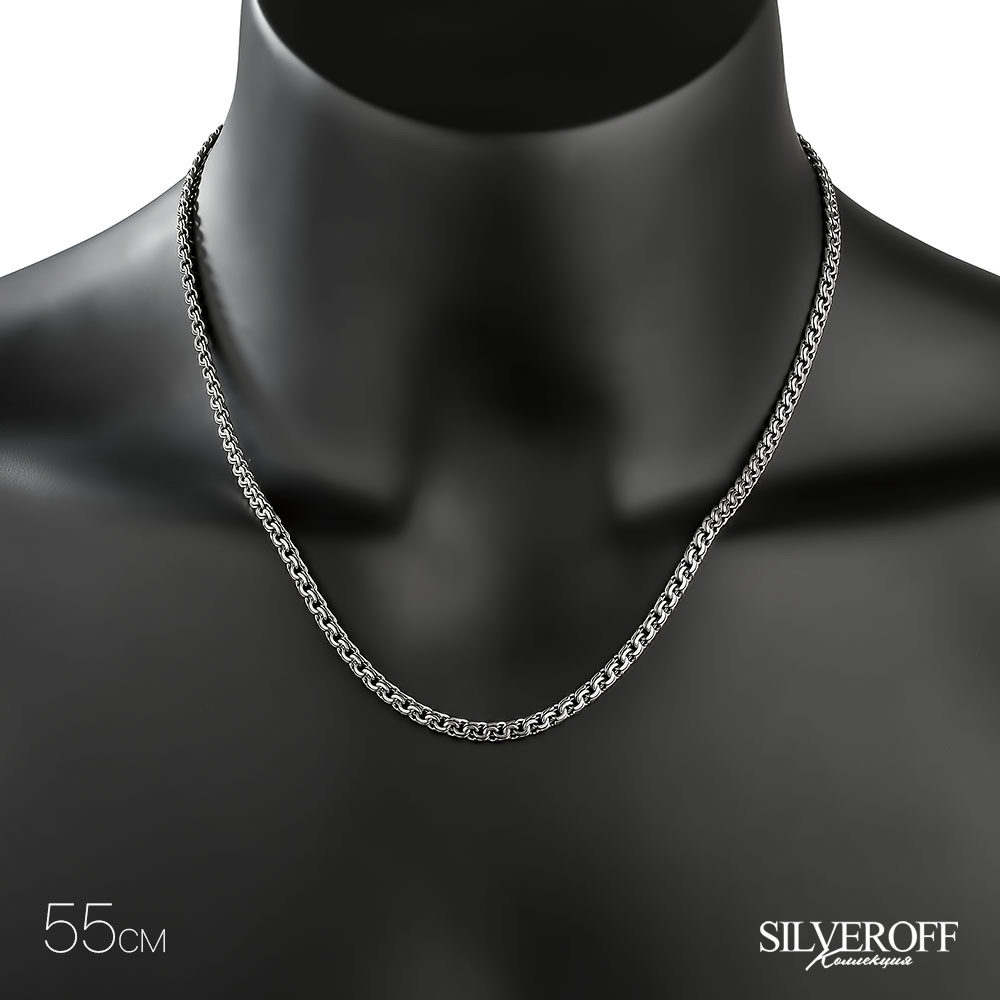 Серебряная цепочка, плетение Круглый Бисмарк с алмазной гранью, родирование, ~15 гр, ширина 3,5 мм Цепочка на шею,Серебро,с вставкой Без вставок,с замком Карабинный,РОССИЯ