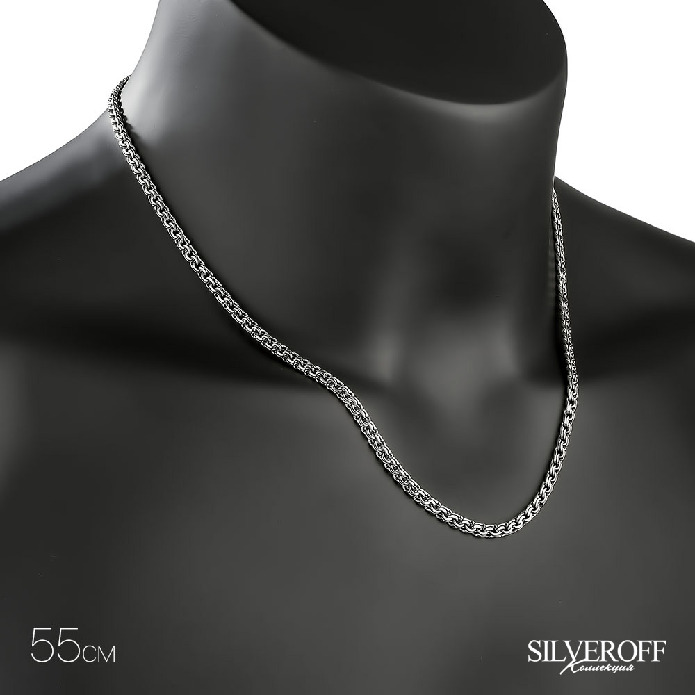 Серебряная цепочка, плетение Круглый Бисмарк с алмазной гранью, родирование, ~15 гр, ширина 3,5 мм Цепочка на шею,Серебро,с вставкой Без вставок,с замком Карабинный,РОССИЯ
