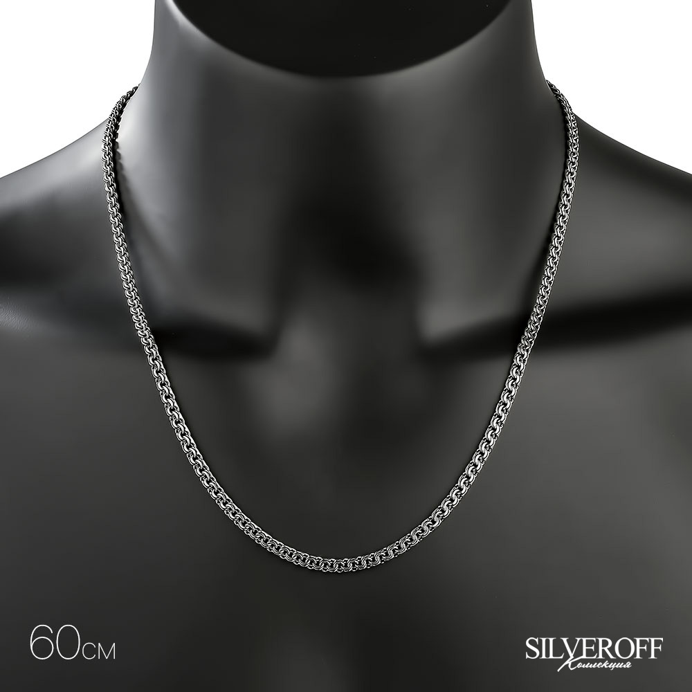 Серебряная цепочка, плетение Круглый Бисмарк с алмазной гранью, родирование, ~15 гр, ширина 3,5 мм Цепочка на шею,Серебро,с вставкой Без вставок,с замком Карабинный,РОССИЯ