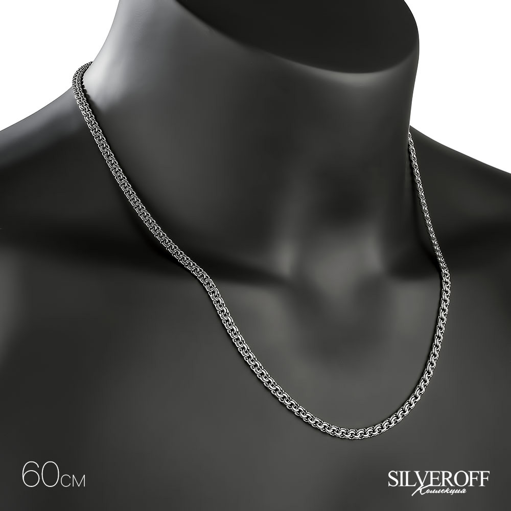 Серебряная цепочка, плетение Круглый Бисмарк с алмазной гранью, родирование, ~15 гр, ширина 3,5 мм Цепочка на шею,Серебро,с вставкой Без вставок,с замком Карабинный,РОССИЯ