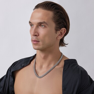 Серебряная мужская цепь, плетение Рамзес, родирование, ширина 0,8 см